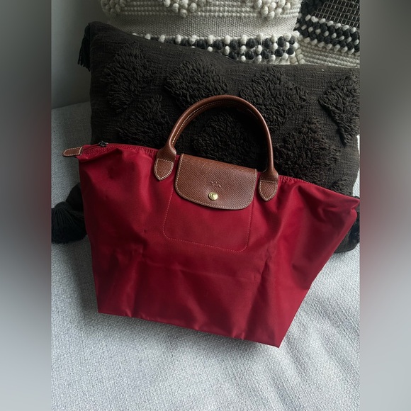 Longchamp Handbags - Longchamp Red Tote with Brown Leather Trim